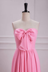 Bow Front Pink Chiffon A-line Long Party Dress