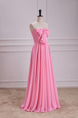 Bow Front Pink Chiffon A-line Long Party Dress