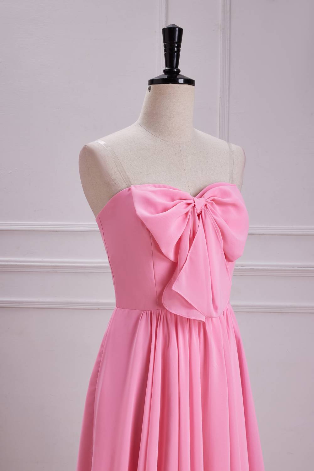 Bow Front Pink Chiffon A-line Long Party Dress