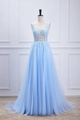 Sheer Light Blue Appliques Prom Dress in Light Blue