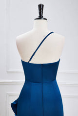 One Shoulder Blue Fitted Party Dress with Slit