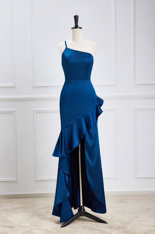 One Shoulder Blue Fitted Party Dress with Slit