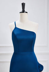 One Shoulder Blue Fitted Party Dress with Slit