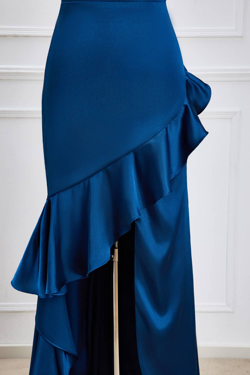 One Shoulder Blue Fitted Party Dress with Slit