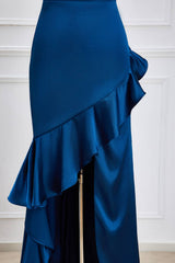 One Shoulder Blue Fitted Party Dress with Slit