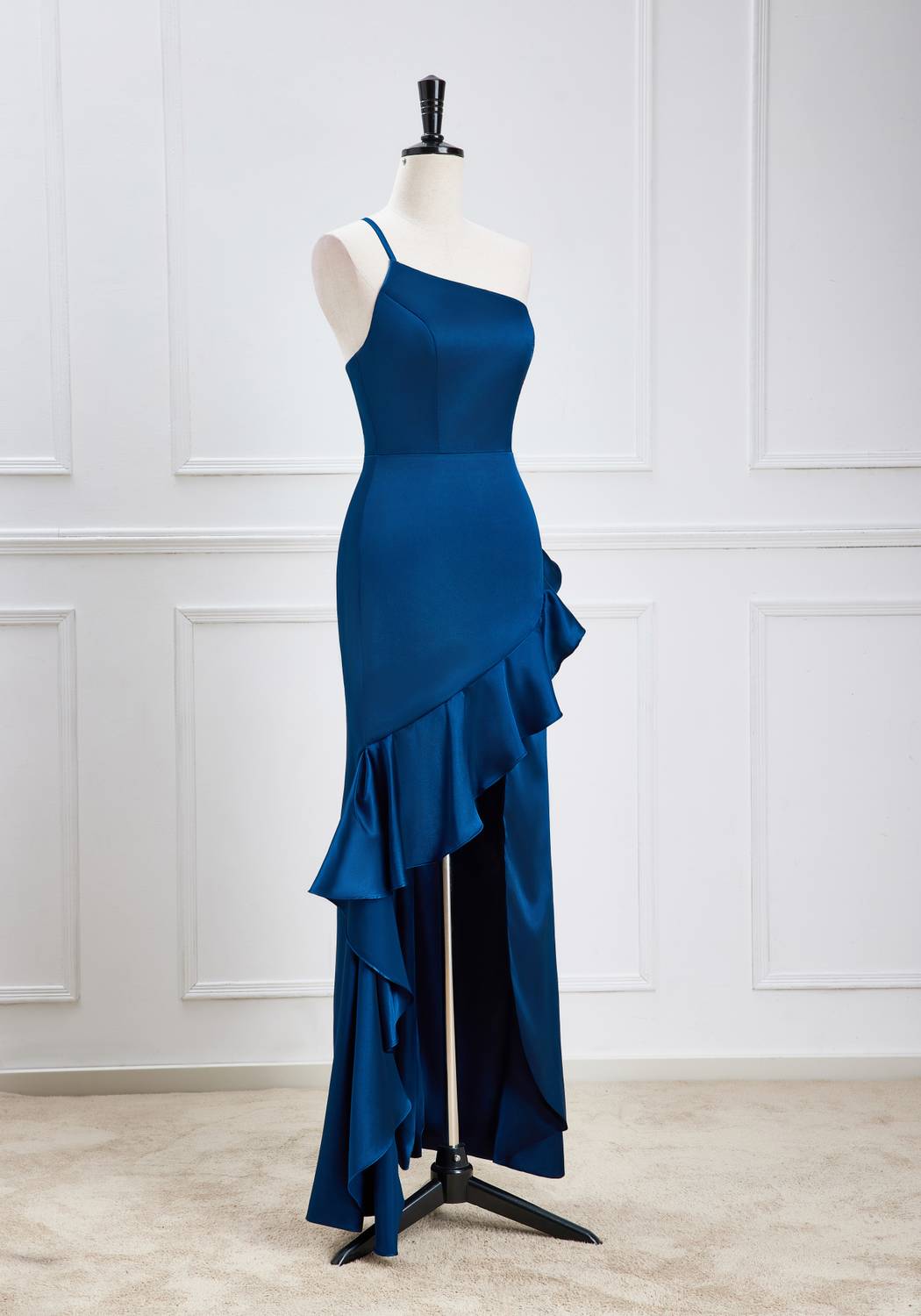 One Shoulder Blue Fitted Party Dress with Slit