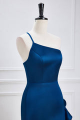 One Shoulder Blue Fitted Party Dress with Slit