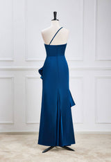 One Shoulder Blue Fitted Party Dress with Slit