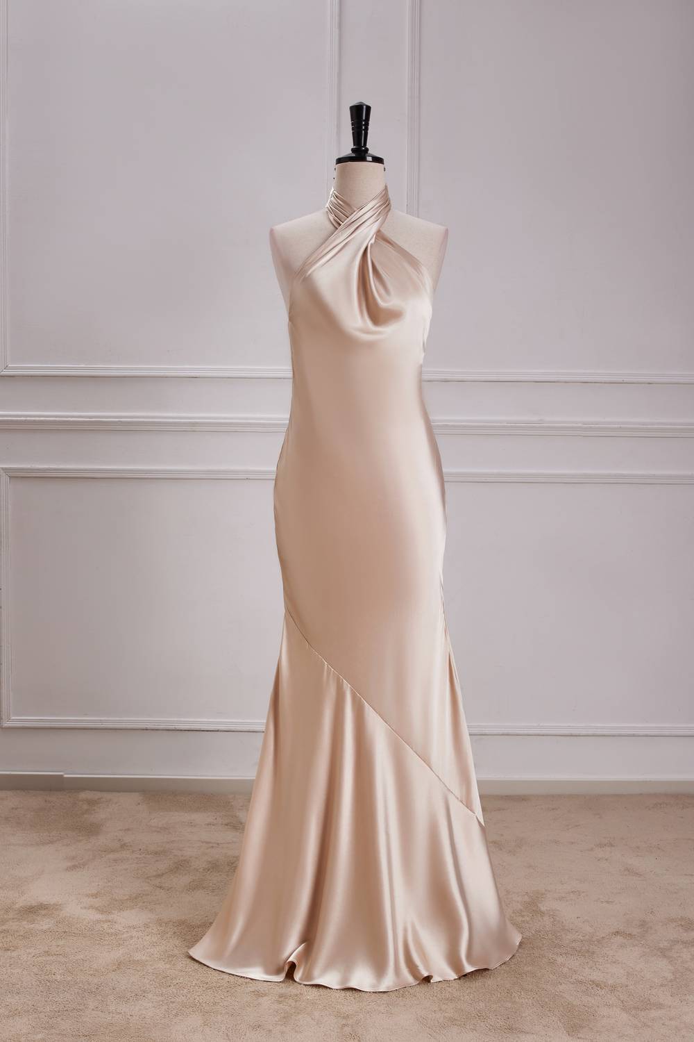 Halter Champagne Soft Satin Bridesamid Dress