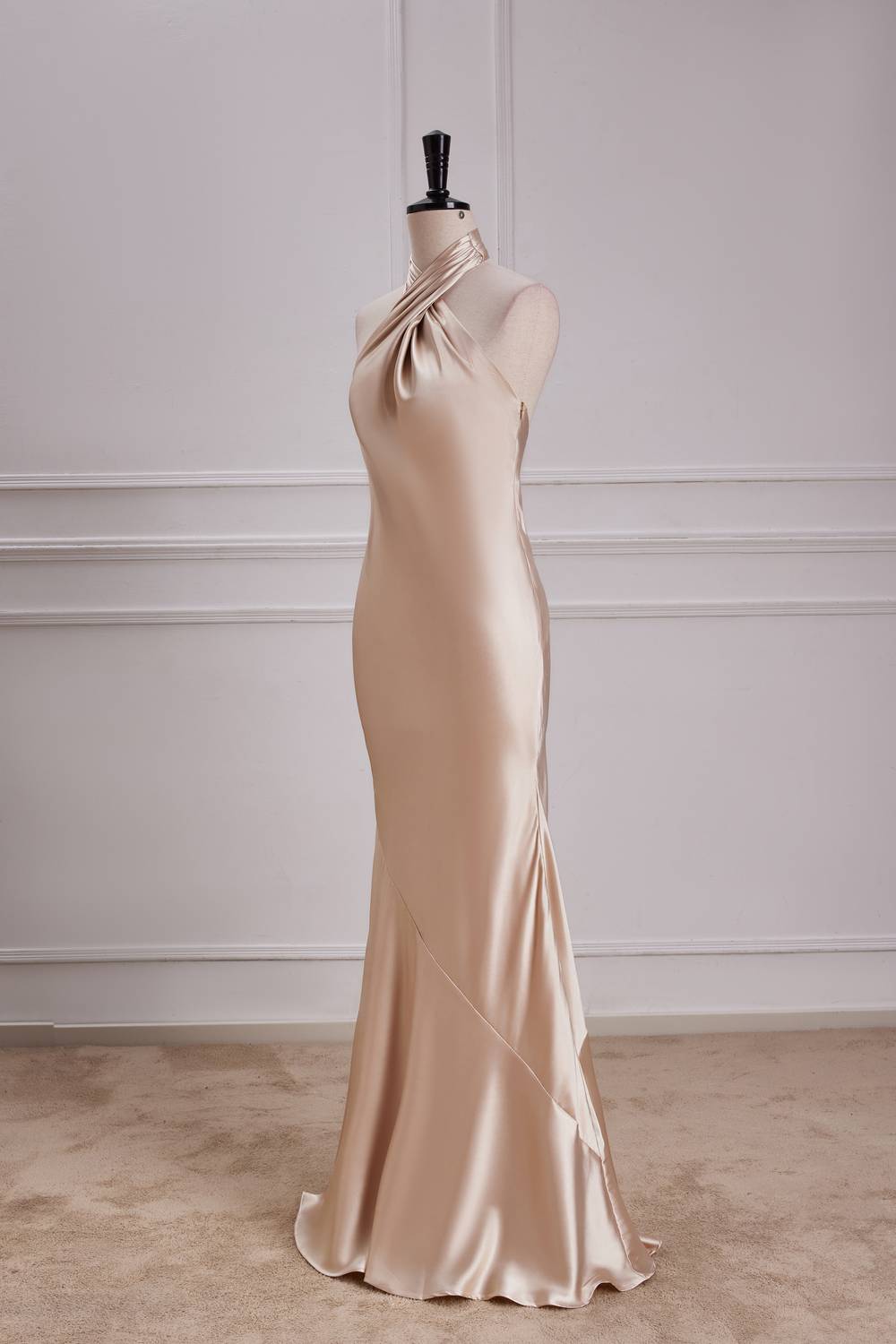 Halter Champagne Soft Satin Bridesamid Dress