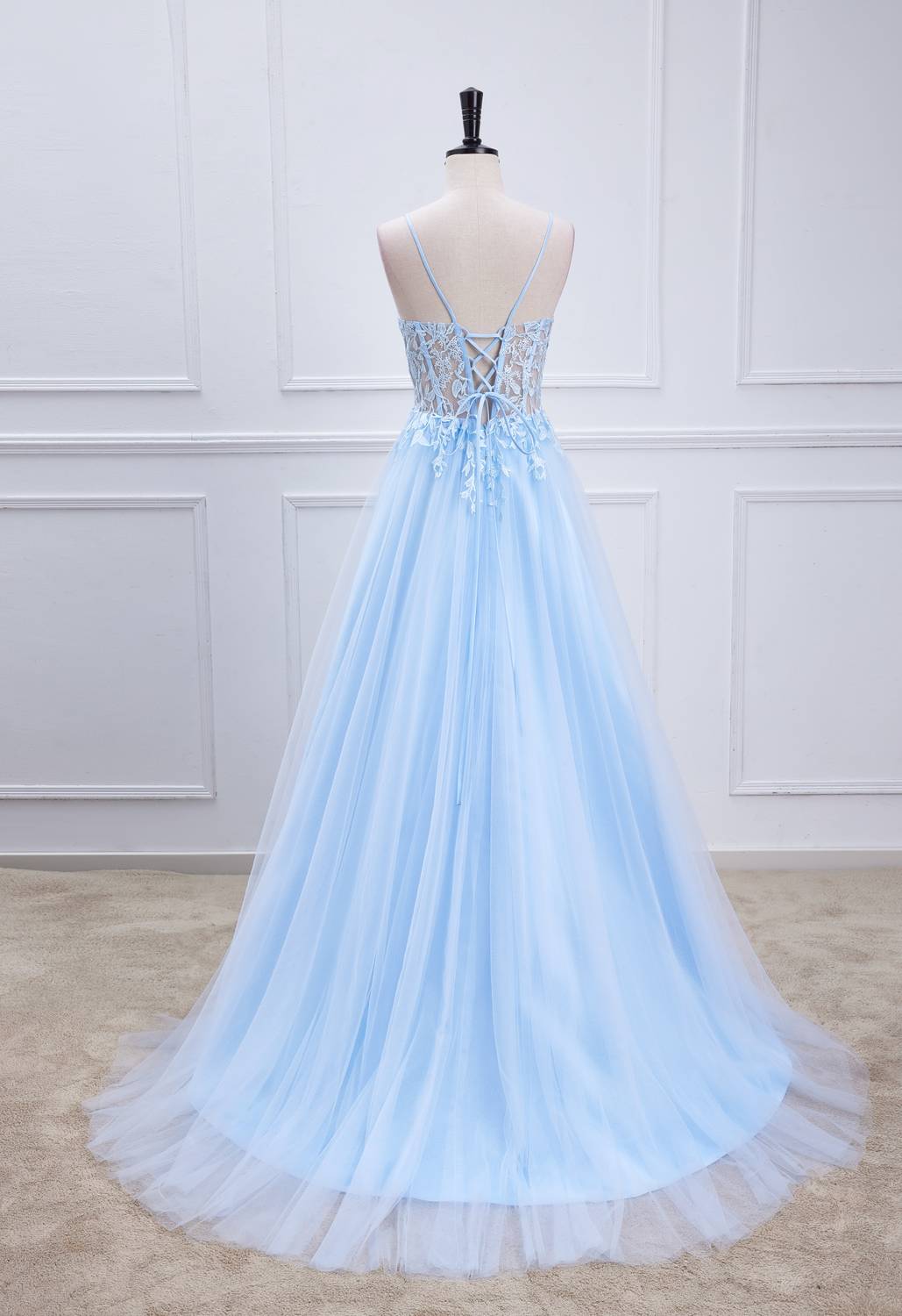 Sheer Light Blue Appliques Prom Dress in Light Blue