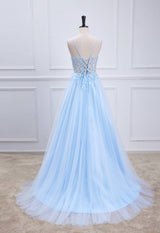 Sheer Light Blue Appliques Prom Dress in Light Blue