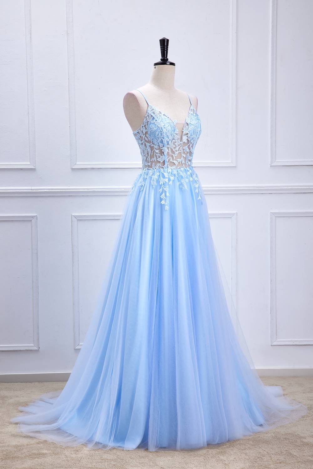 Sheer Light Blue Appliques Prom Dress in Light Blue