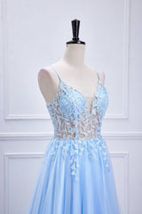 Sheer Light Blue Appliques Prom Dress in Light Blue