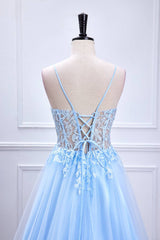 Sheer Light Blue Appliques Prom Dress in Light Blue