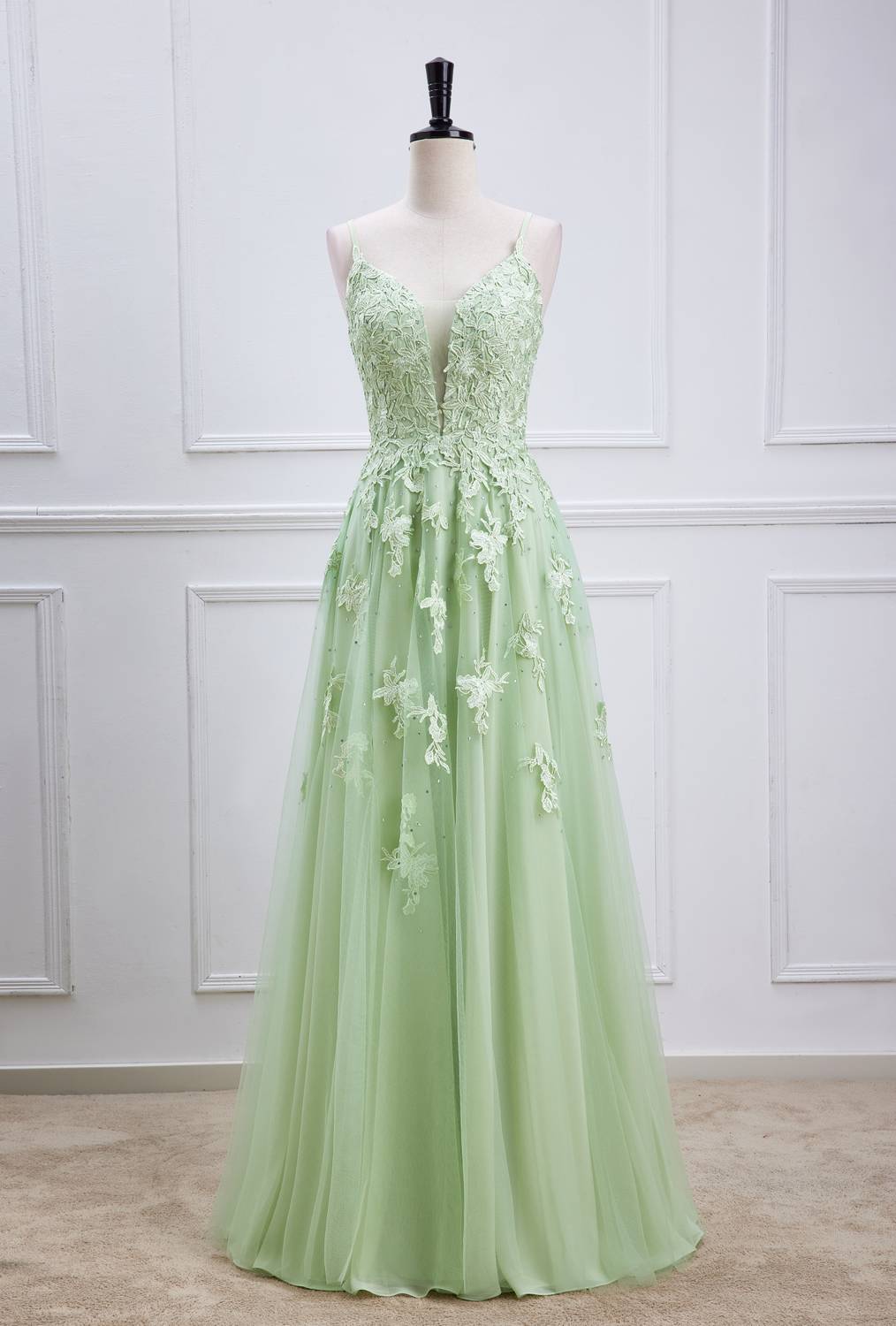 Spaghetti Straps Sage Green Appliques Long Formal Dress