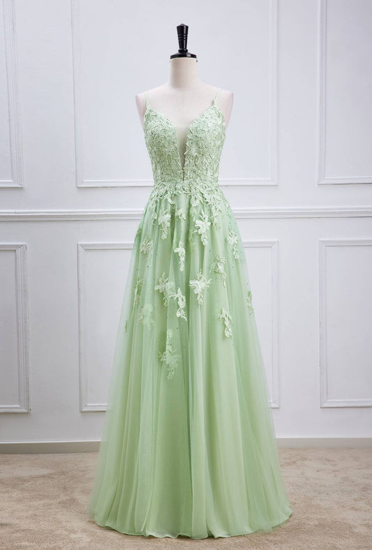 Spaghetti Straps Sage Green Appliques Long Formal Dress