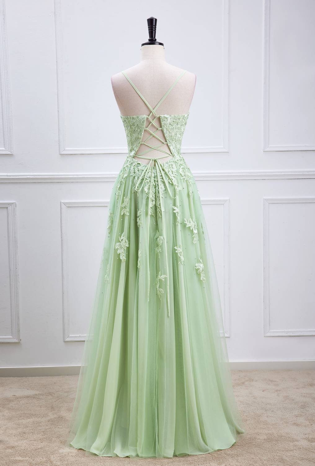 Spaghetti Straps Sage Green Appliques Long Formal Dress