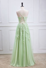 Spaghetti Straps Sage Green Appliques Long Formal Dress