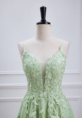 Spaghetti Straps Sage Green Appliques Long Formal Dress