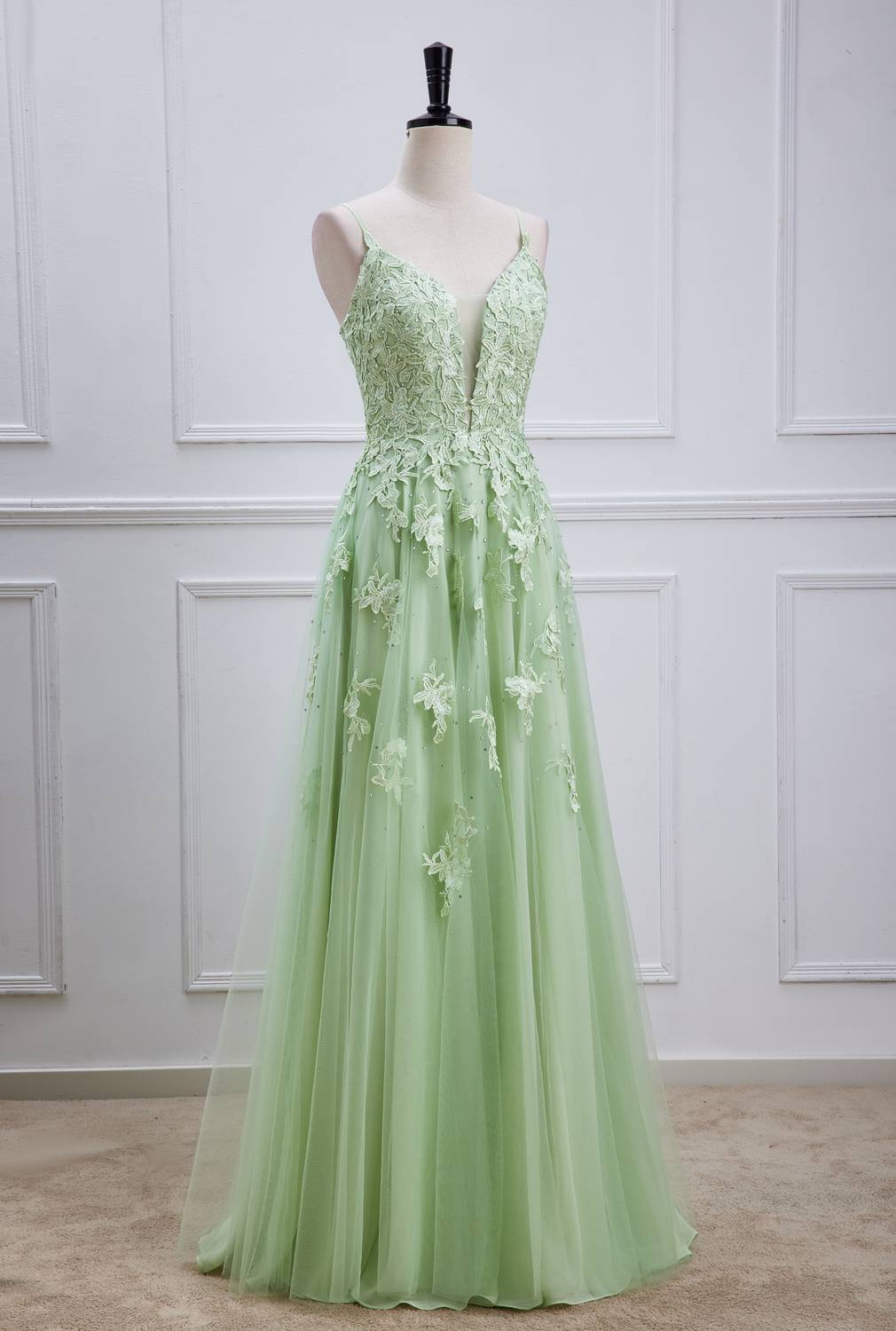 Spaghetti Straps Sage Green Appliques Long Formal Dress