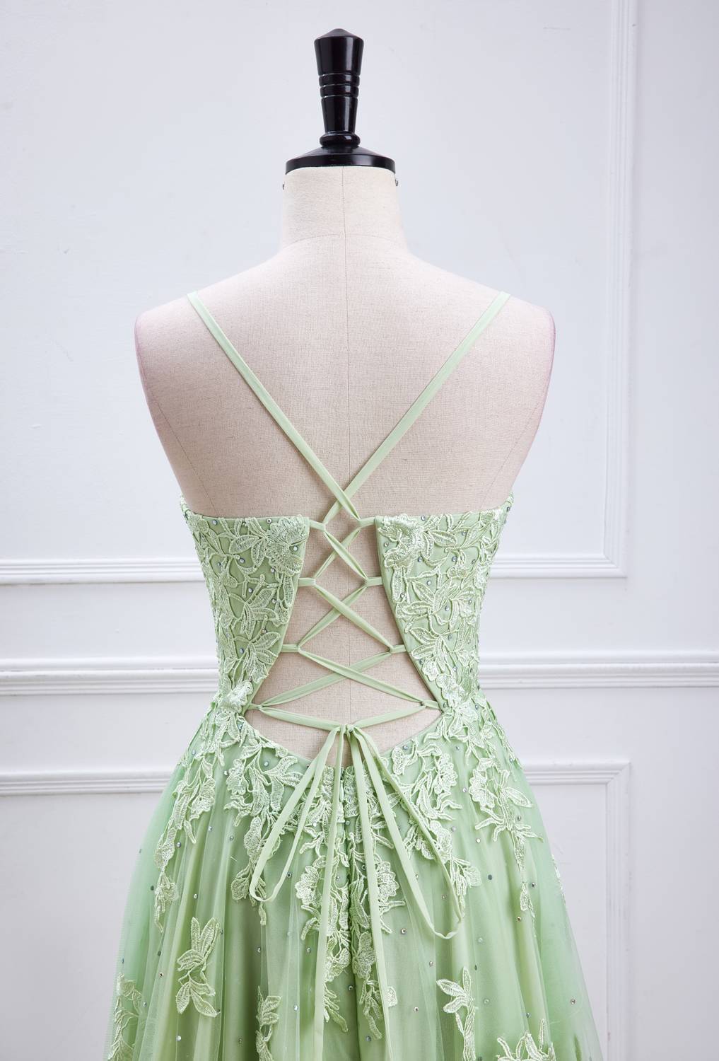 Spaghetti Straps Sage Green Appliques Long Formal Dress