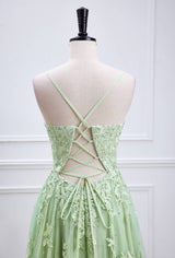 Spaghetti Straps Sage Green Appliques Long Formal Dress