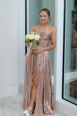 Hot Pink Metallic Keyhole Spaghetti Strap Long Prom Dress with Slit