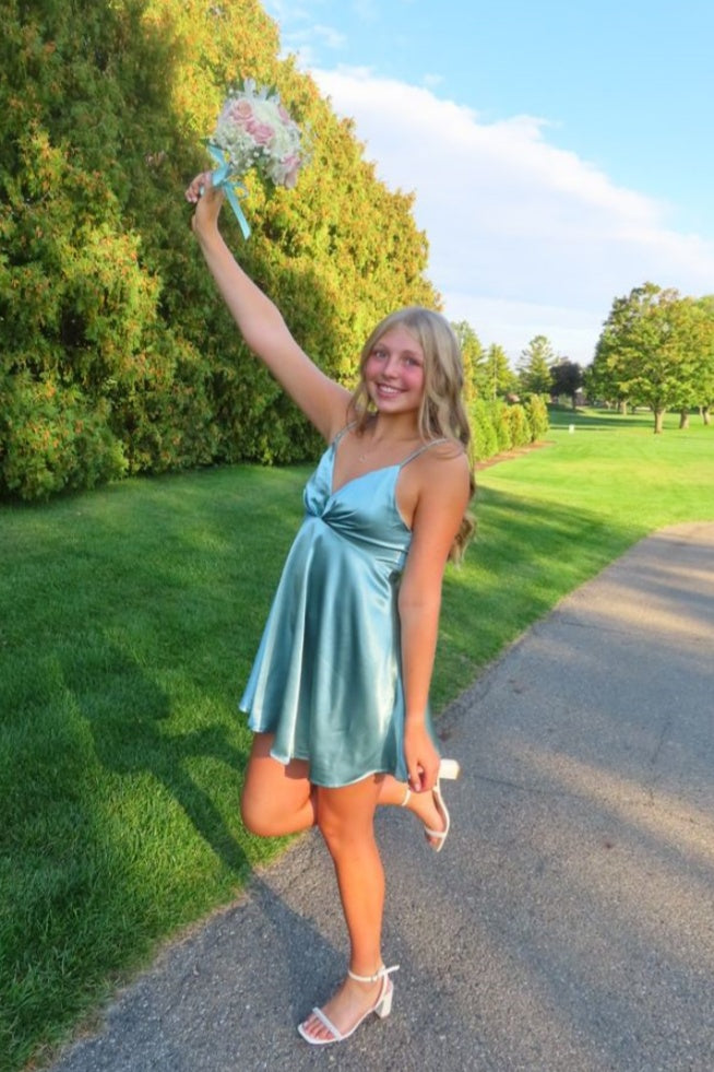 Mint Blue V-Neck Satin A-Line Mini Dress