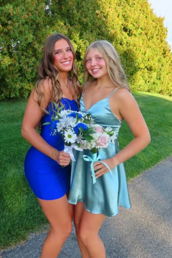 Mint Blue V-Neck Satin A-Line Mini Dress