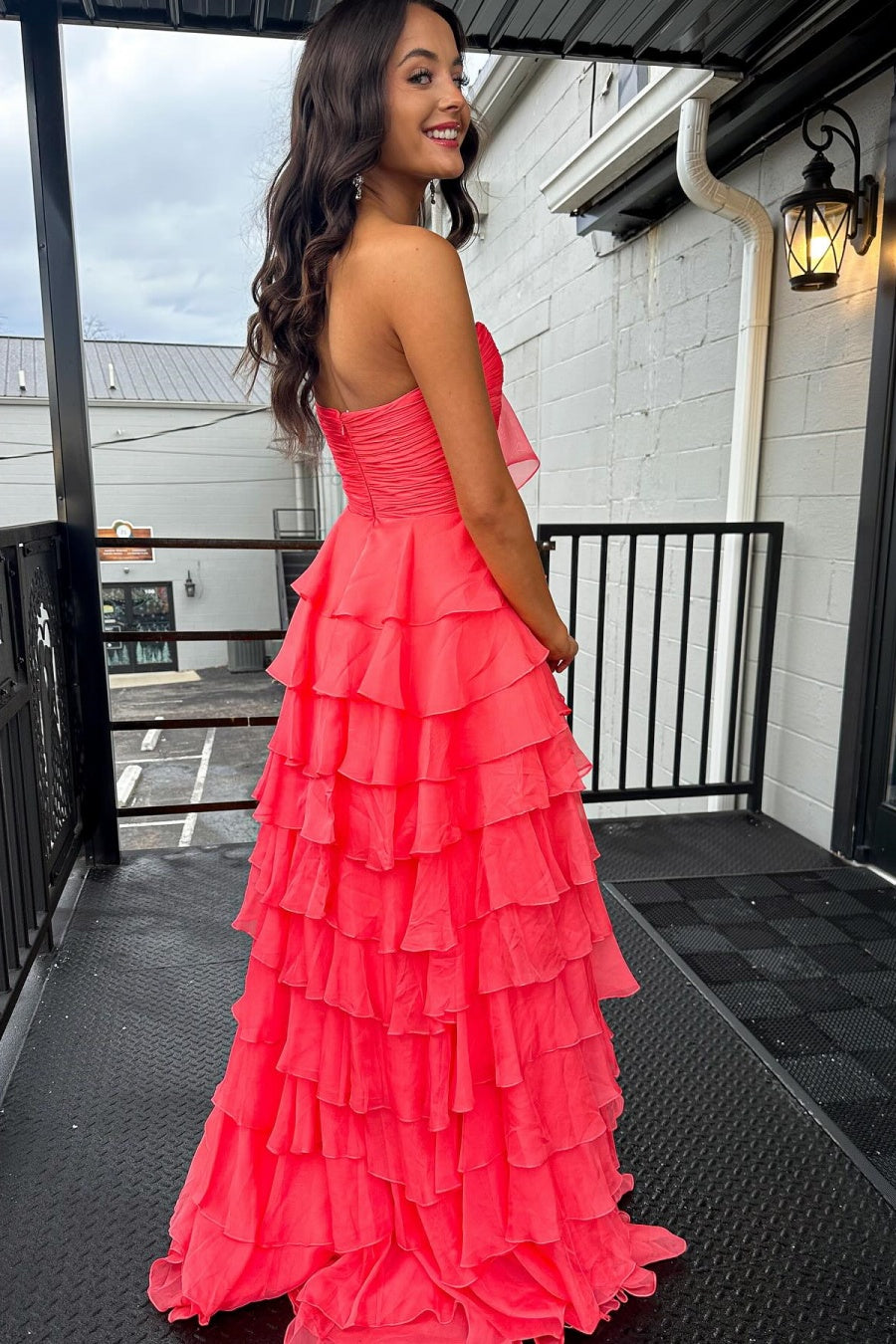 Straps Yellow Chiffon Ruffle A-line Long Dress