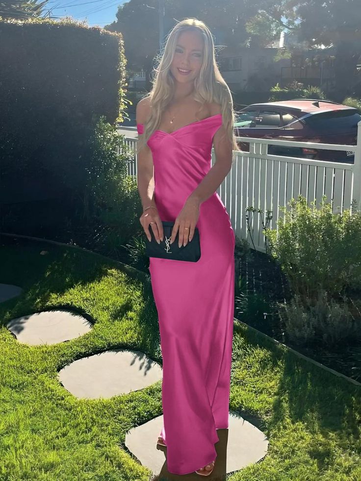 Off the Shoulder Fuchsia Satin Fitted Long Dress