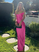 Off the Shoulder Fuchsia Satin Fitted Long Dress
