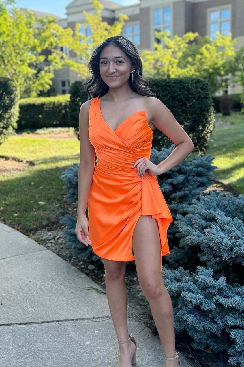 One Shoulder Orange Ruched Tight Short Dress