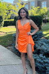 One Shoulder Orange Ruched Tight Short Dress