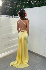 V Neck Yellow Mermaid Formal Dress with Train