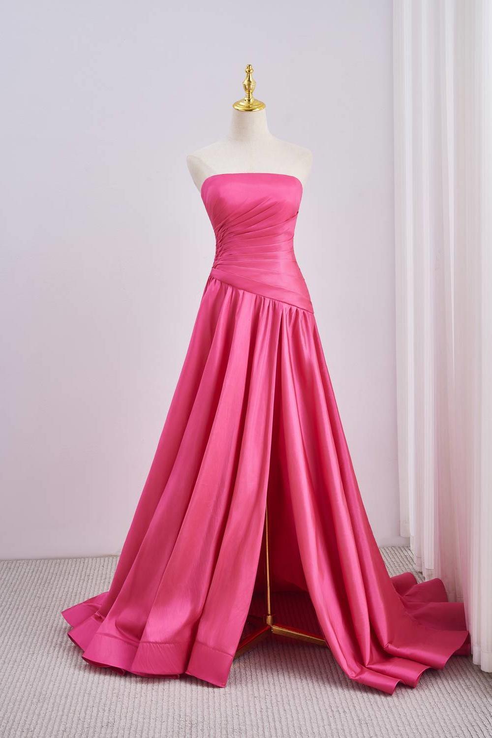 Pink Strapless Ruched Prom Dress with Hign Slit