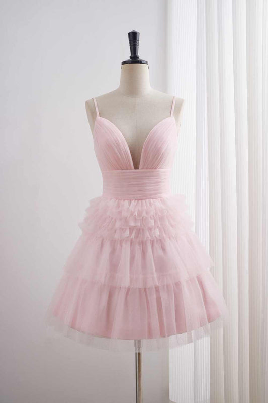 Straps Pink A-line Tiered Ruffle Short Homecoming Dress