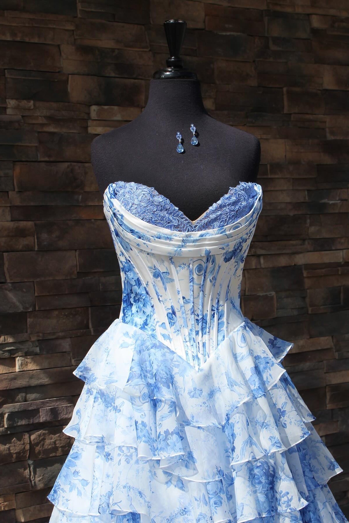 Strapless White and Blue Floral Print Tiered Long Dress