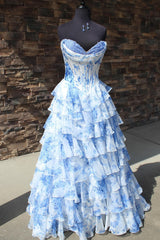 Strapless White and Blue Floral Print Tiered Long Dress