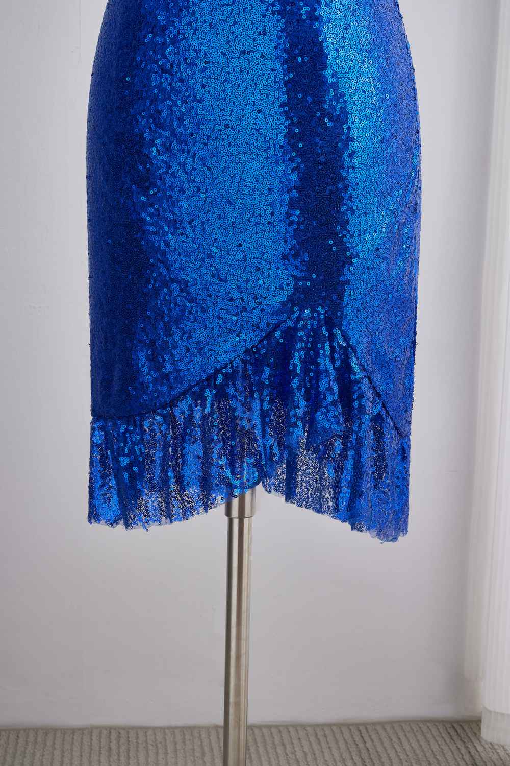 Royal Blue Sequin Straps Tight Ruffle Party Dress