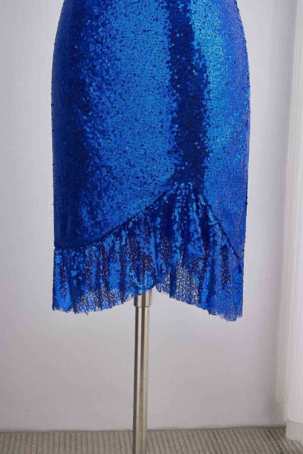 Royal Blue Sequin Straps Tight Ruffle Party Dress – Notjustprom