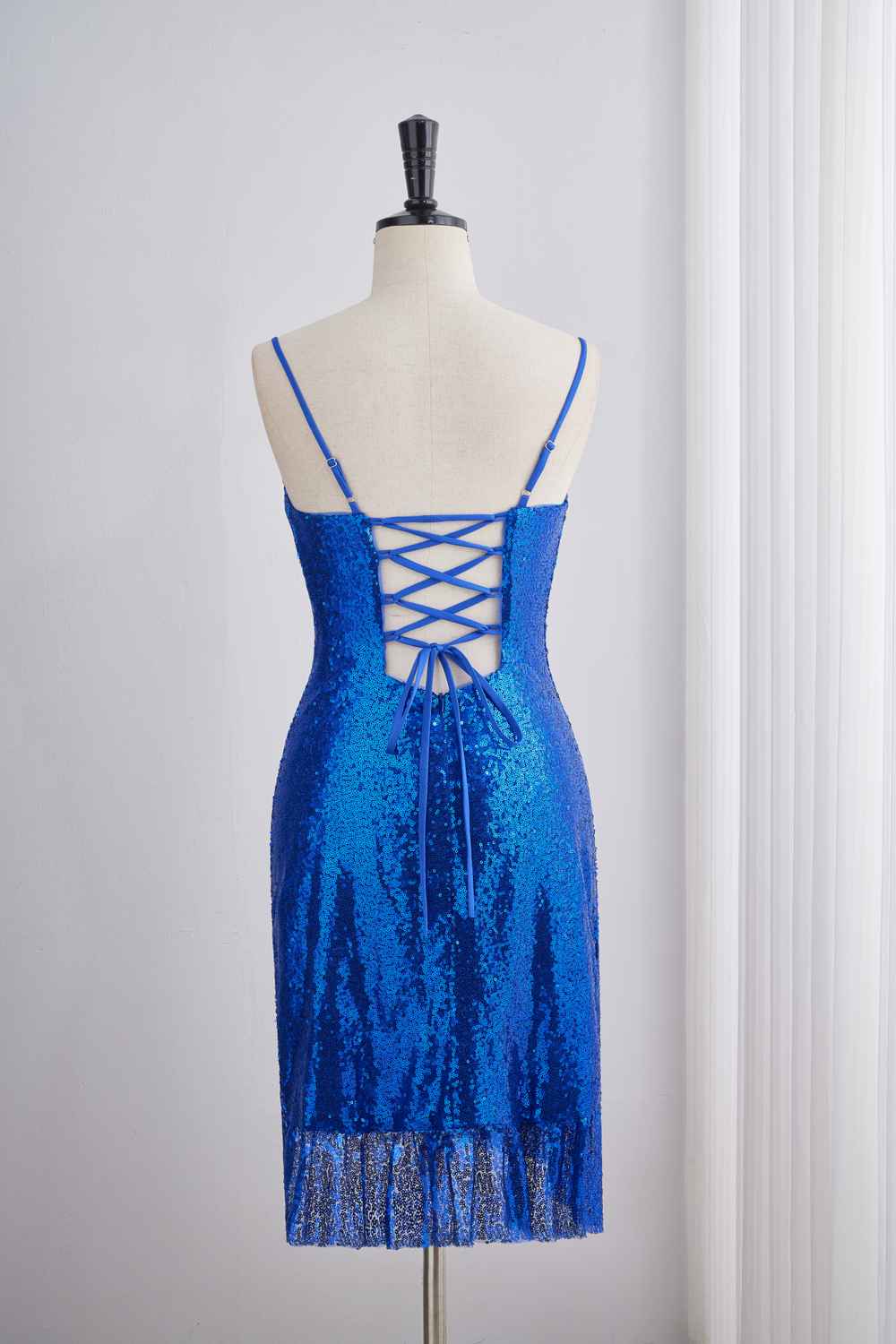 Royal Blue Sequin Straps Tight Ruffle Party Dress