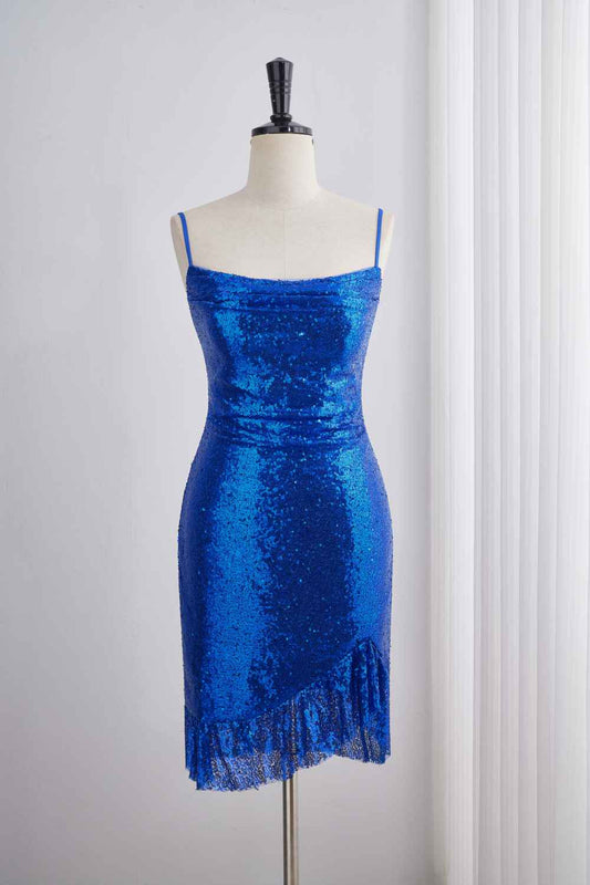 Royal Blue Sequin Straps Tight Ruffle Party Dress