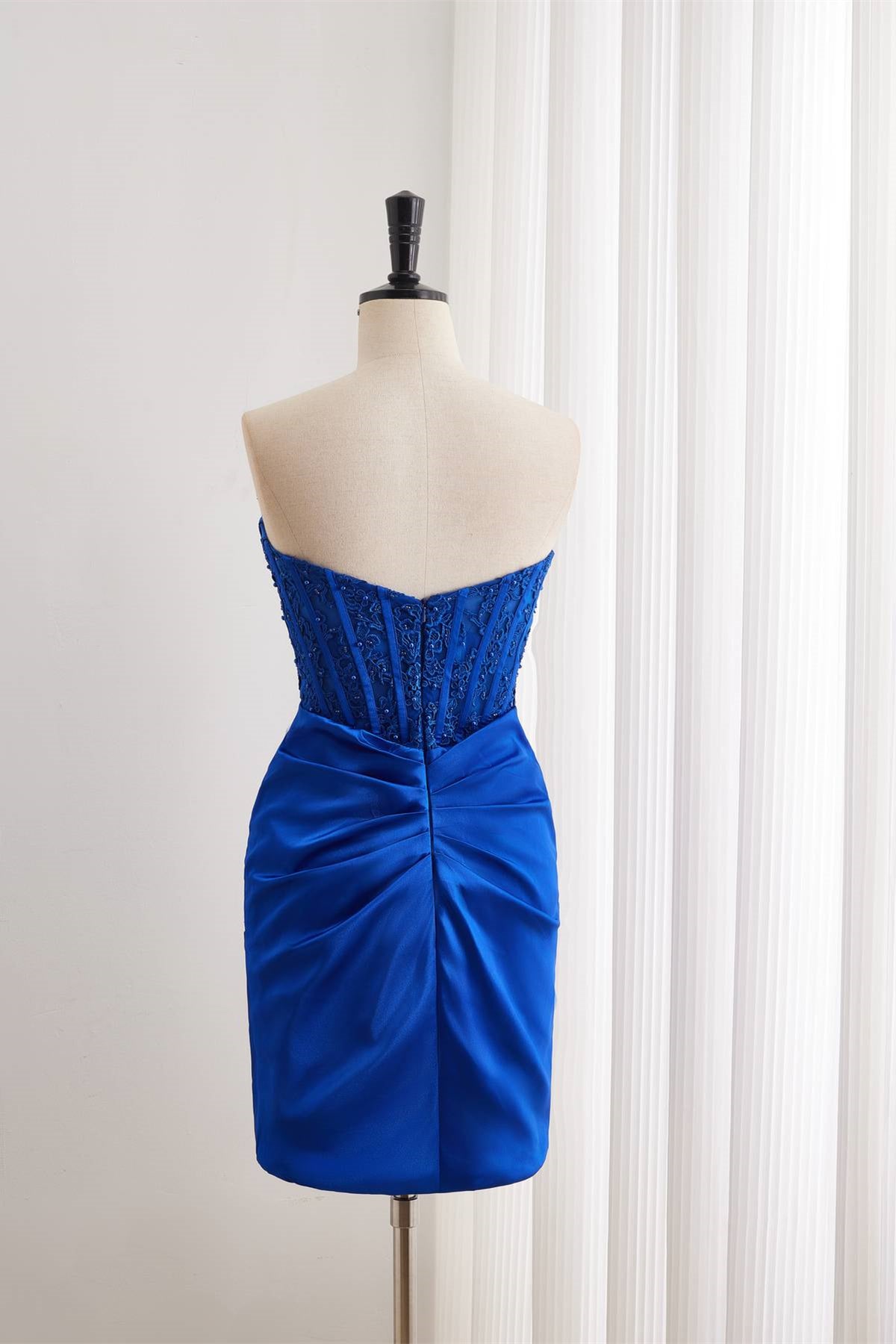 Strapless Royal Blue Tight Homecoming Dress with Lace Appliques