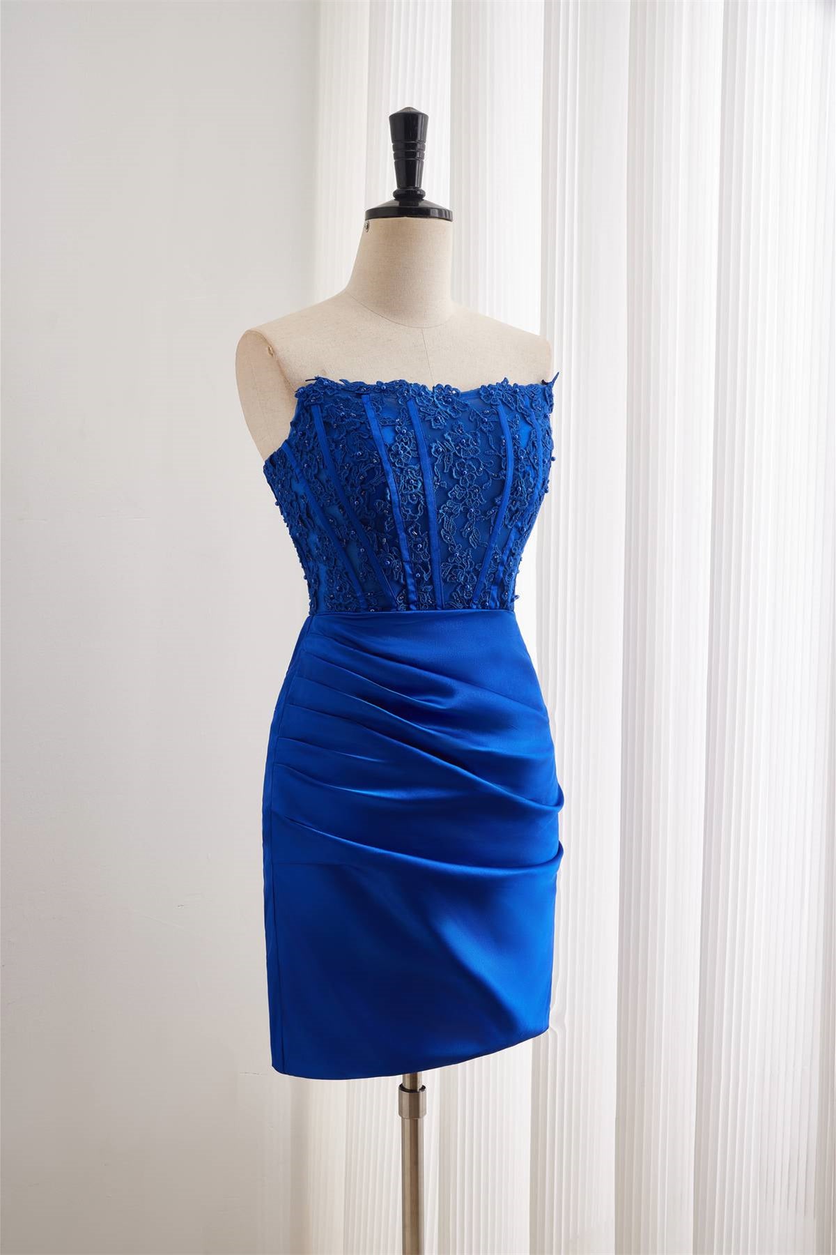 Strapless Royal Blue Tight Homecoming Dress with Lace Appliques