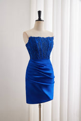 Strapless Royal Blue Tight Homecoming Dress with Lace Appliques