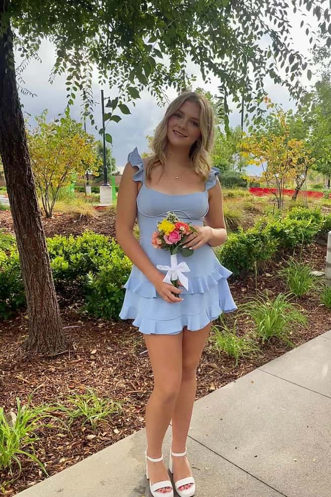 Light Blue Ruffle Mini Dress with Flutter Sleeves