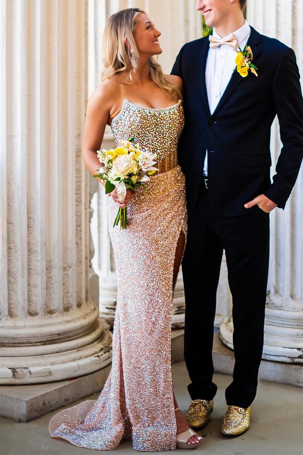 Strapless Beaded Champagne Sequin Fitted Long Formal Dress