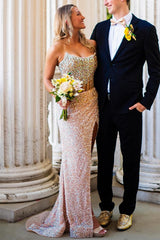 Strapless Beaded Champagne Sequin Fitted Long Formal Dress